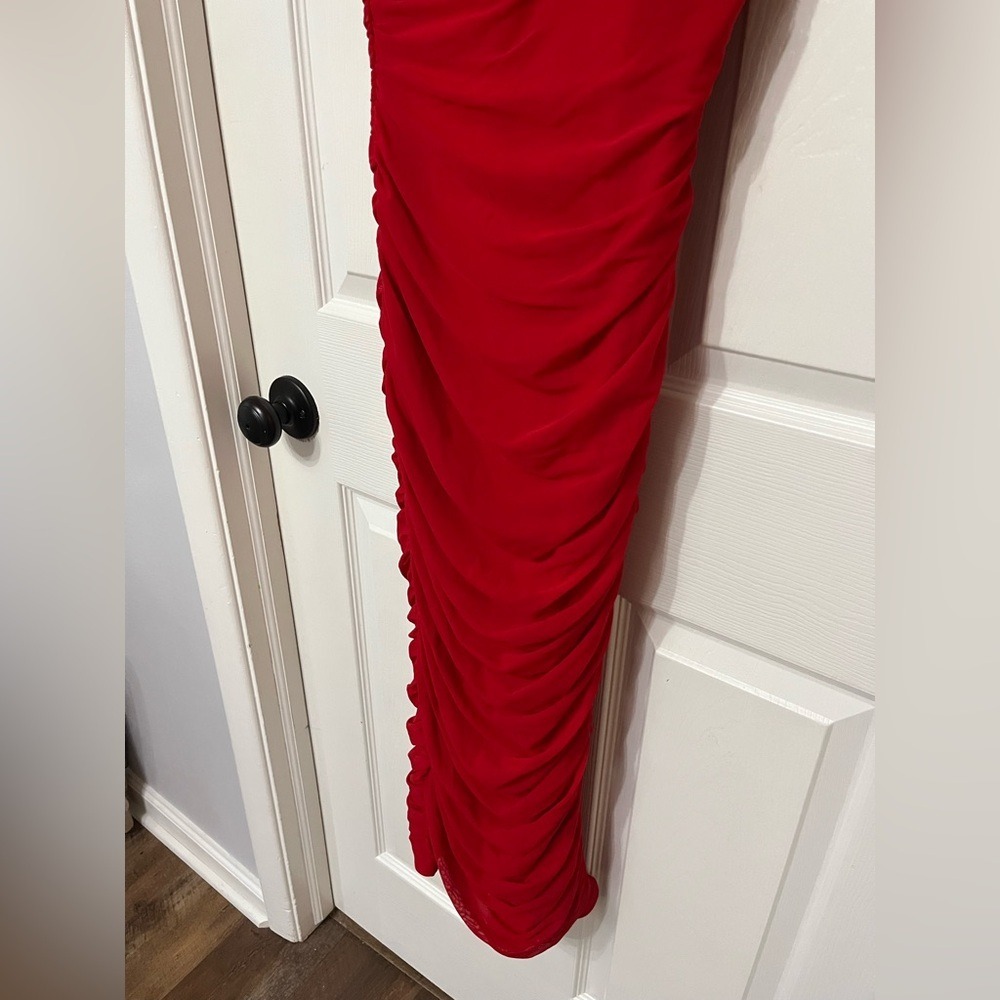 Mock neck ruched‎ back zip maxi dress short sleeve red size small - Picture 3 of 7
